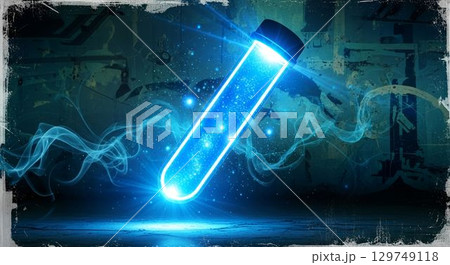 Vibrant glowing test tube with swirling particles set against a dark laboratory backdrop 129749118