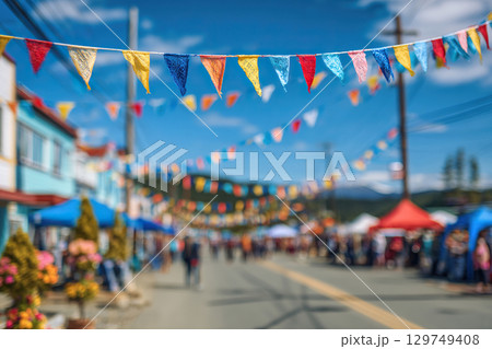 Colored flag garlands on the city street on a sunny autumn day. Concept of a holiday in the city. 129749408