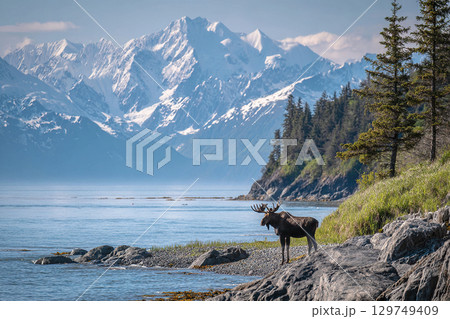 An adult moose with antlers stands on the bank of a river with a beautiful view of the mountains and untouched nature of the northern latitudes. 129749409