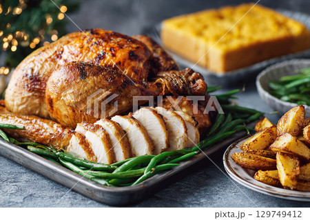 Thanksgiving turkey. Roasted turkey with asparagus and potato wedges on the table. 129749412