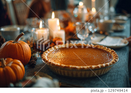 A magnificent pumpkin pie on a festively served table. Thanksgiving, a traditional dish at a family dinner. 129749414