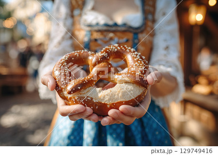 Girl or young woman in national dress holding traditional German pretzel on street. Oktoberfest concept. 129749416