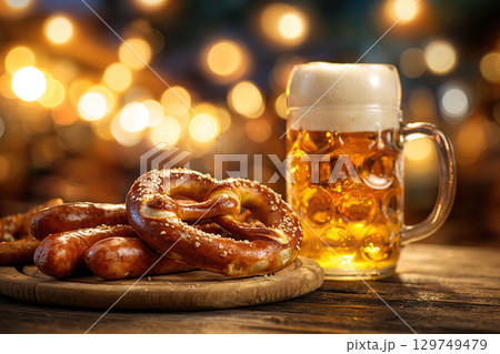 Cold mug of beer and basket and pretzel with german sausages against the background of blurred festive lights of a garland. Oktoberfest 129749479