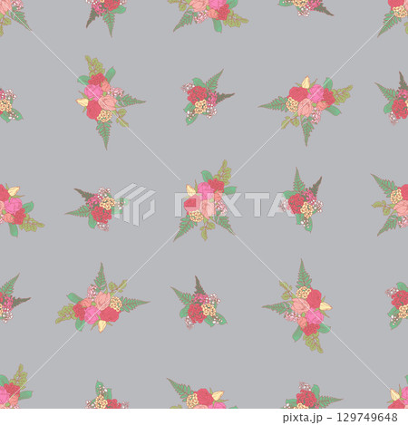 Vintage line art pink rose sprigs seamless pattern with gray backdrop. Romantic floral composition repeat background 129749648