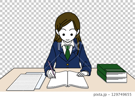 正面向きで勉強する女子高生（ブレザー制服） 129749655