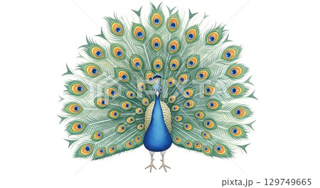 Vibrant peacock displaying its magnificent feathers in a lush garden setting under bright sunlight 129749665
