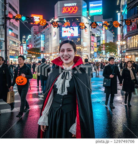 ハロウィンにドラキュラのコスプレ（仮装）をする女性 129749706