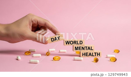 World Mental Health Day highlights importance of mental well-being with colorful capsules and blocks 129749943