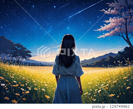 夜空　少女　シルエット 129749962