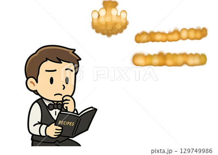 ミニキャラの男性バーテンダーがレシピ帳を読むイラスト／カクテル研究／中央余白あり 129749986