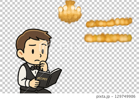 ミニキャラの男性バーテンダーがレシピ帳を読むイラスト／カクテル研究／中央余白あり 129749986