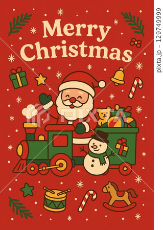 Colorful Christmas train illustration featuring Santa Claus and holiday decorations 129749999