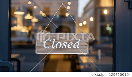 Closed sign hanging in a restaurant window during evening hours in a city with warm lights creating a cozy atmosphere 129750010