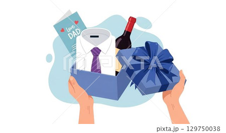 Gift for dad featuring a shirt, wine, and a heartfelt card in a festive blue box 129750038