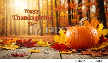 Festive autumn setting featuring a pumpkin and colorful leaves for Thanksgiving Day celebration 129750050
