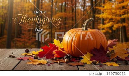 Festive autumn arrangement featuring pumpkin and colorful leaves in a forest setting for Thanksgiving celebration 129750051