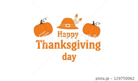 Celebration of Thanksgiving with decorative pumpkins and a festive hat in autumn colors 129750062