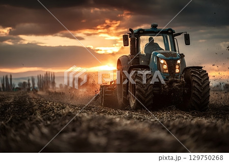 Farmer plowing field with tractor at sunset 129750268