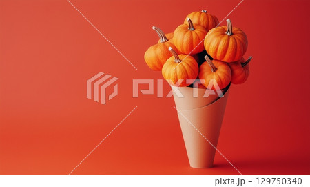 Pumpkin vegetable on brown paper grocery cone bag eco friendly package Pumpkin vegetable on brown paper grocery cone bag eco friendly package 129750340