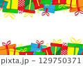 Vector illustartion of many colorful gift present boxes with bows and ribbons arranged on the top and bottom of the picture with white empty space in the middle. 129750371