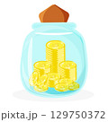 Vector illustration of glass jar bank with stack of golden coins inside. Savings for wish; inflation metaphor; resources for business and planning family budget. 129750372