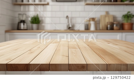 Wooden tabletop display product on modern kitchen blurred bright background Wooden tabletop display product on modern kitchen blurred bright background 129750422