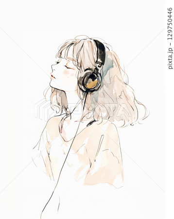音楽を聴く女性の水彩イラスト 129750446