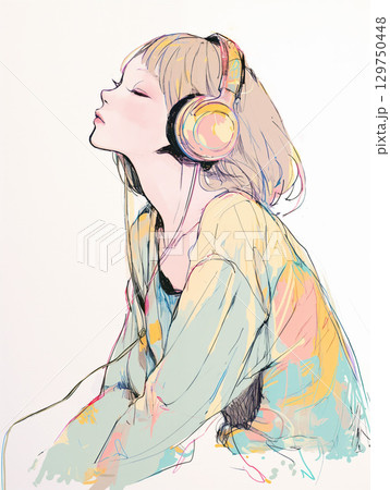 音楽を聴く女性の水彩イラスト 129750448