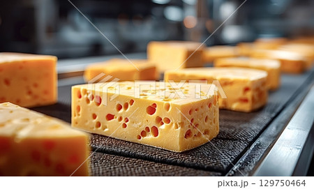 Cheese production line conveying freshly made cheese wedges 129750464
