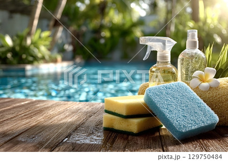 Cleaning products for pool maintenance on wooden deck Cleaning products for pool maintenance on wooden deck 129750484