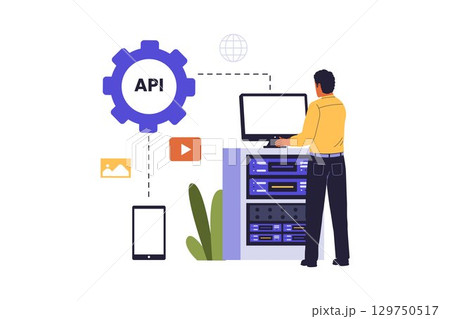 Man Managing API Integration with Servers Illustration Man Managing API Integration with Servers Illustration 129750517