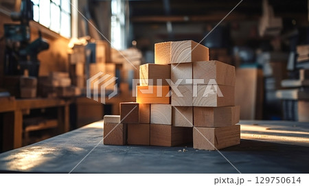 Wooden blocks forming an upward trend in a workshop 129750614