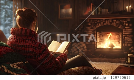 Woman relaxing by fireplace reading a book in cozy winter cabin 129750615