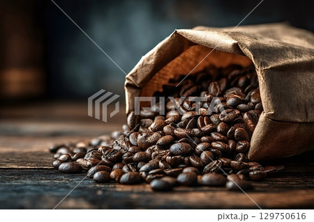 Roasted coffee beans spilling from paper bag onto rustic wooden table 129750616