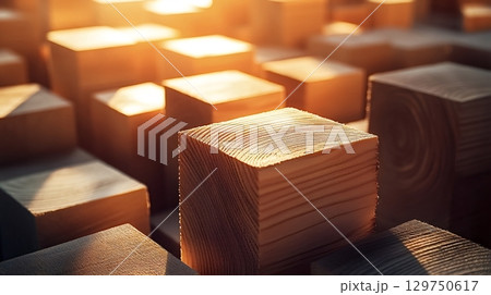 Sunlight illuminating wooden cubes in a grid pattern 129750617