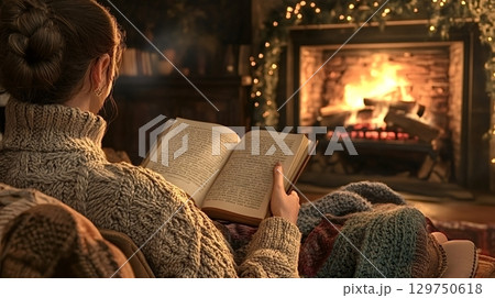 Woman reading a book by the fireplace during christmas time 129750618