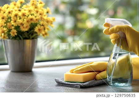 Housekeeper cleaning stone surface with spray bottle and sponge Housekeeper cleaning stone surface with spray bottle and sponge 129750635