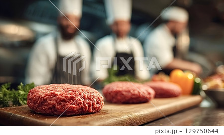 Chefs preparing fresh ground beef patties in restaurant kitchen Chefs preparing fresh ground beef patties in restaurant kitchen 129750644
