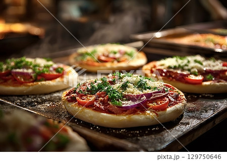Delicious pizzas baking in oven with tomatoes, onions, and herbs 129750646