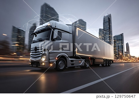 Autonomous truck driving on highway in smart city with network connection 129750647