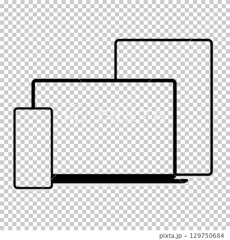 Image of a smartphone, laptop, and tablet lined up on a white background 129750684