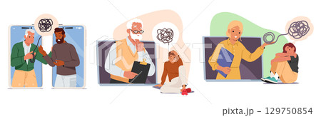 Psychotherapists giving professional psychological help at patient online appointment cartoon set Psychotherapists giving professional psychological help at patient online appointment cartoon set 129750854