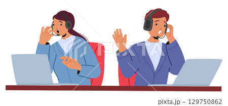 Man and woman online crisis hot line workers providing psychological support and help to people 129750862