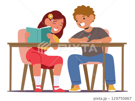 Excited school children doing homework together while sitting at table together isolated on white 129750867