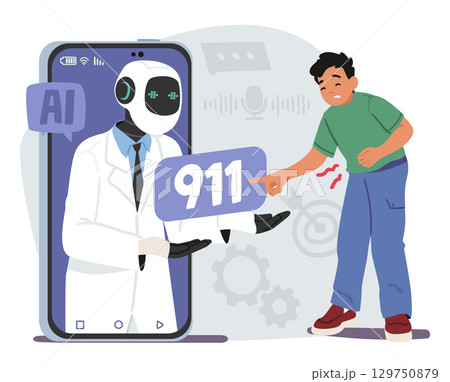 Preteen boy child cartoon character with strong abdominal pain calling emergency service with AI 129750879