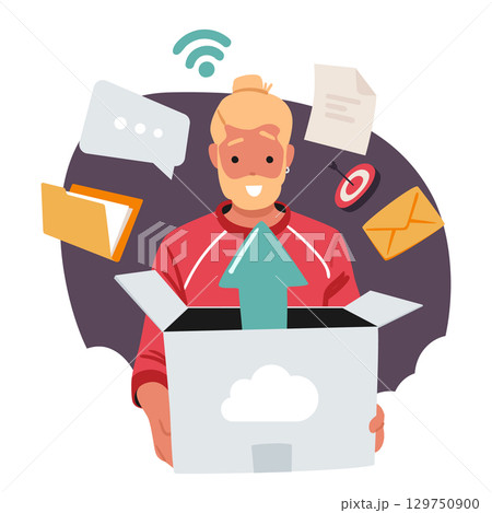 Hipster man freelancer working data online using cloud service digital technology cartoon scene 129750900
