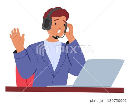 Man cartoon character assisting at online crisis hot line encouraging psychological support 129750901