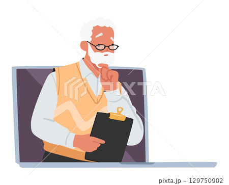 Grey-haired senior psychotherapist cartoon character giving online consultation via laptop Grey-haired senior psychotherapist cartoon character giving online consultation via laptop 129750902