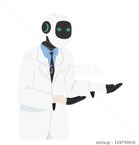 AI robotic consultant healthcare assistant in white lab coat offering medical help and treatment AI robotic consultant healthcare assistant in white lab coat offering medical help and treatment 129750916