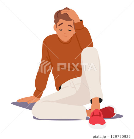 Upset teenage boy cartoon character sitting on floor touching head feeling troubled and exhausted 129750923
